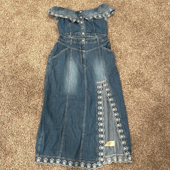 Free People Denim Embroidered Maxi Skirt and Cropped Top Set - Picture 5 of 7